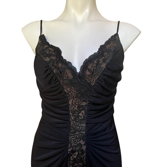Tadashi Shoji Vintage 90s Women's Ruched Slip Dress Lace Panel Black Medium - Picture 2 of 8